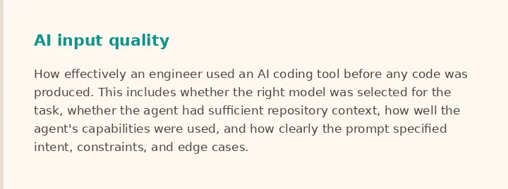 AI input quality layer: model selection, repository context provision, agent capability usage, and prompt specification